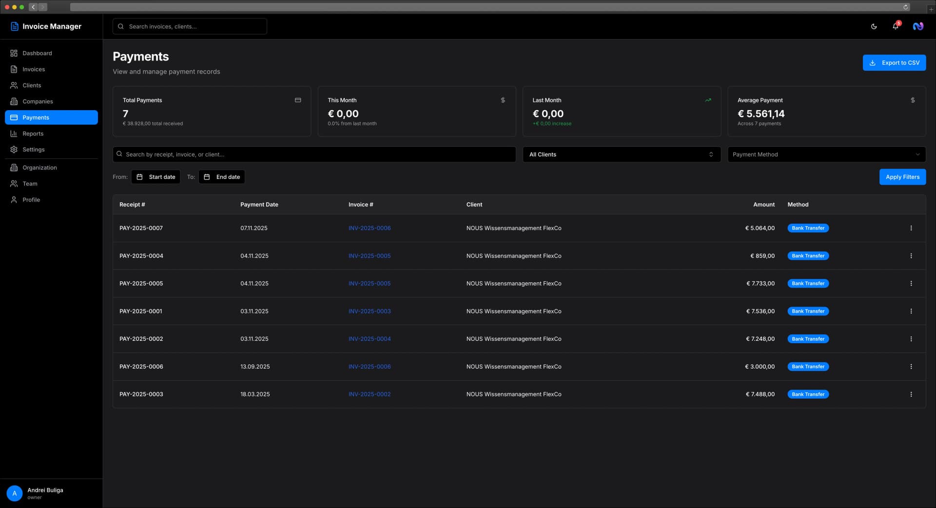 Payment tracking and management interface
