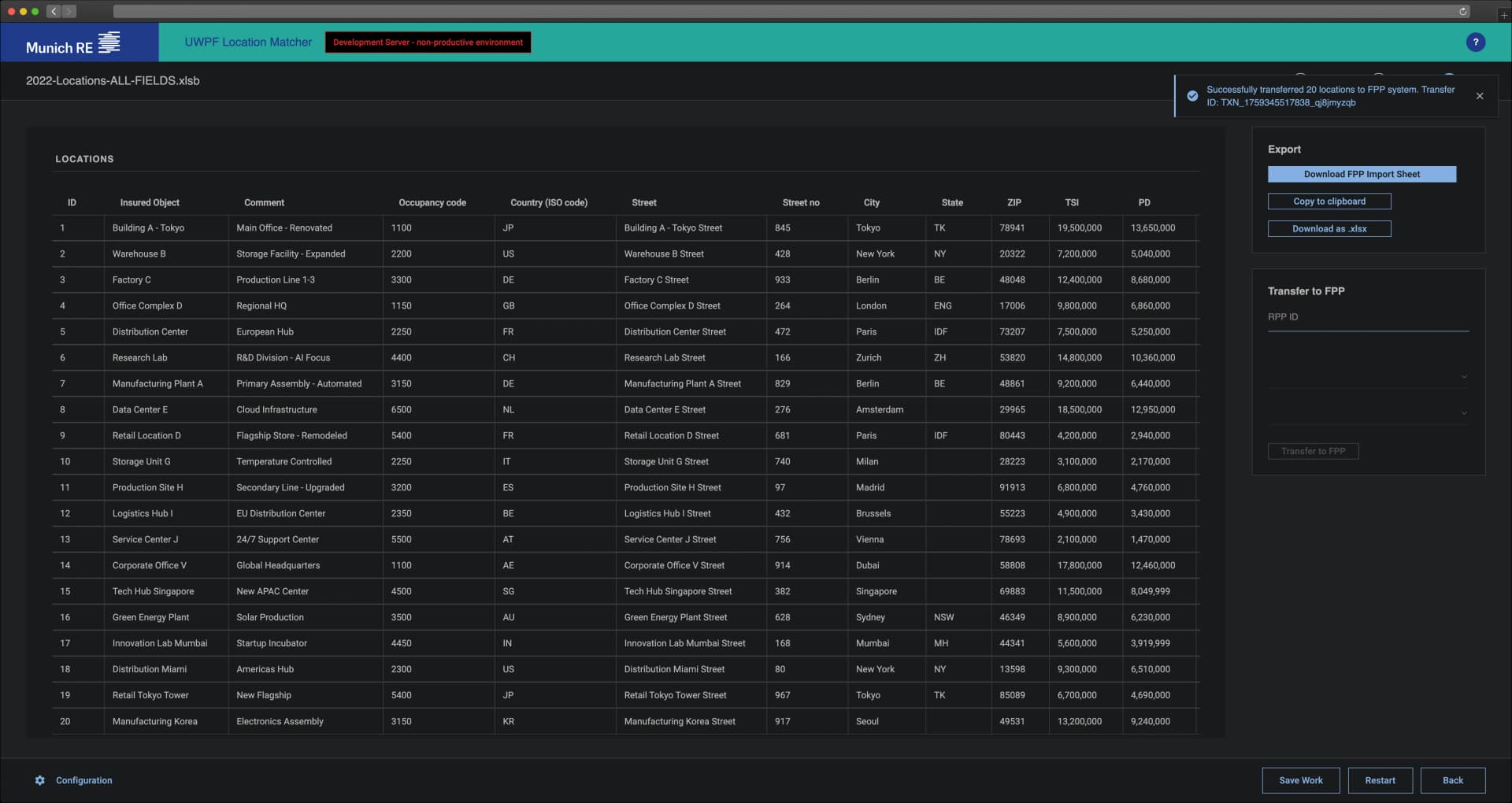 Export panel with multiple format options