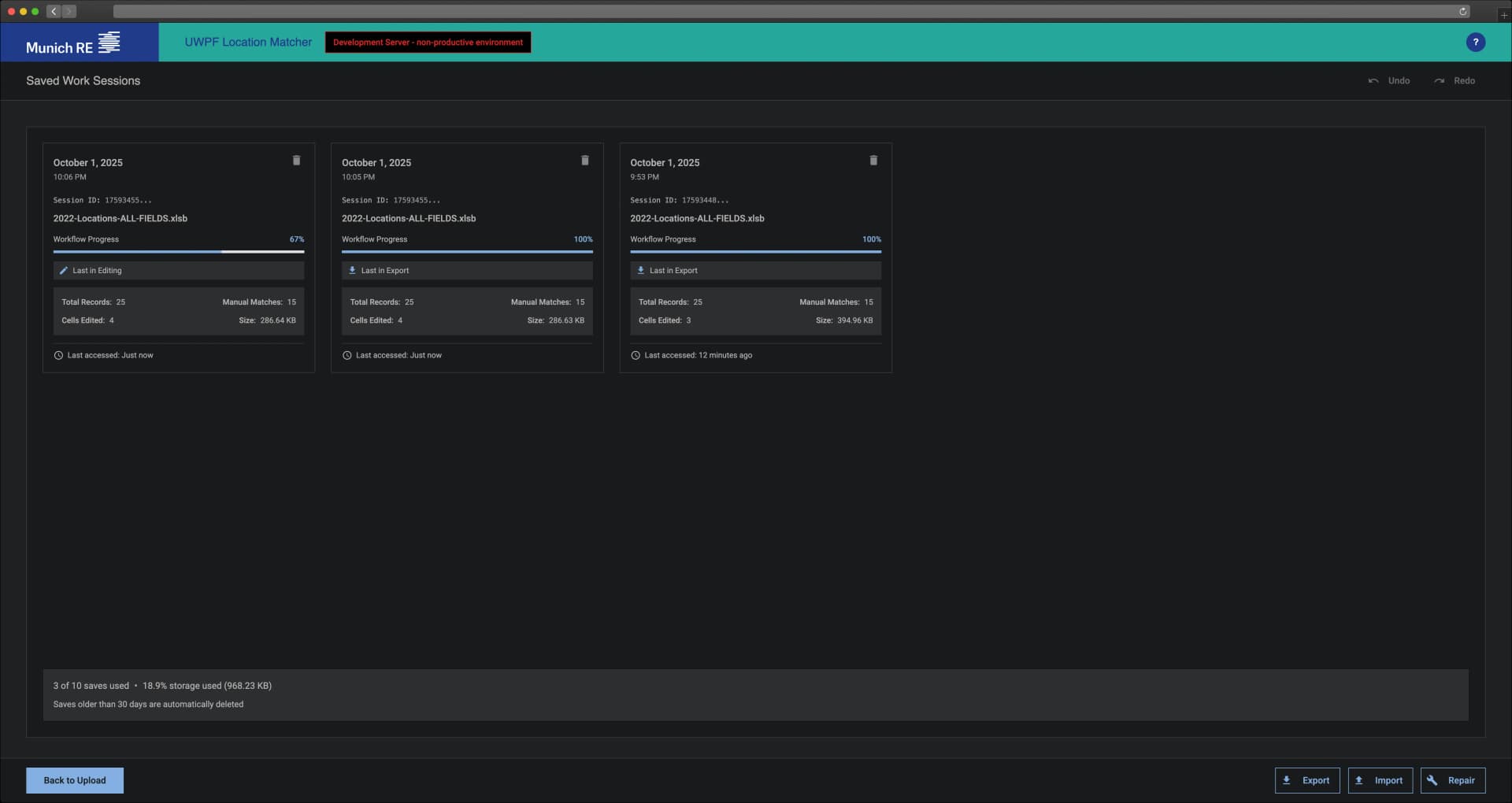 Saved matching sessions list