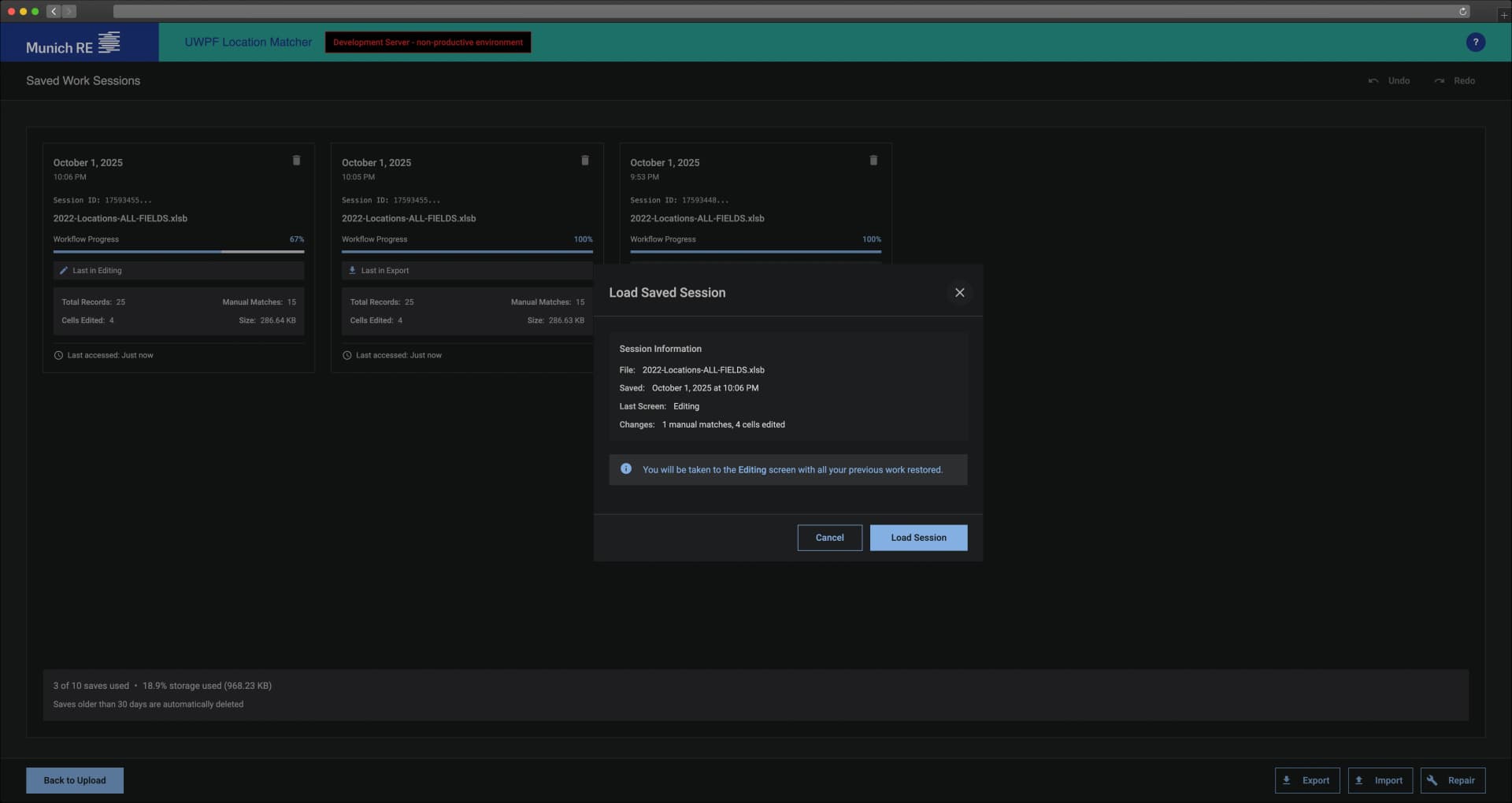 Load previous matching session