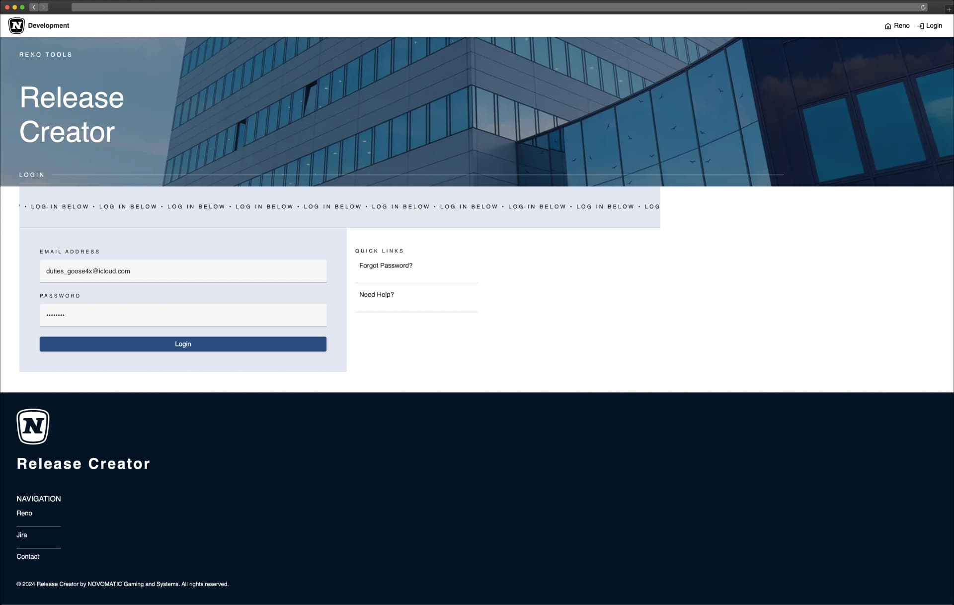 Release Creator login screen