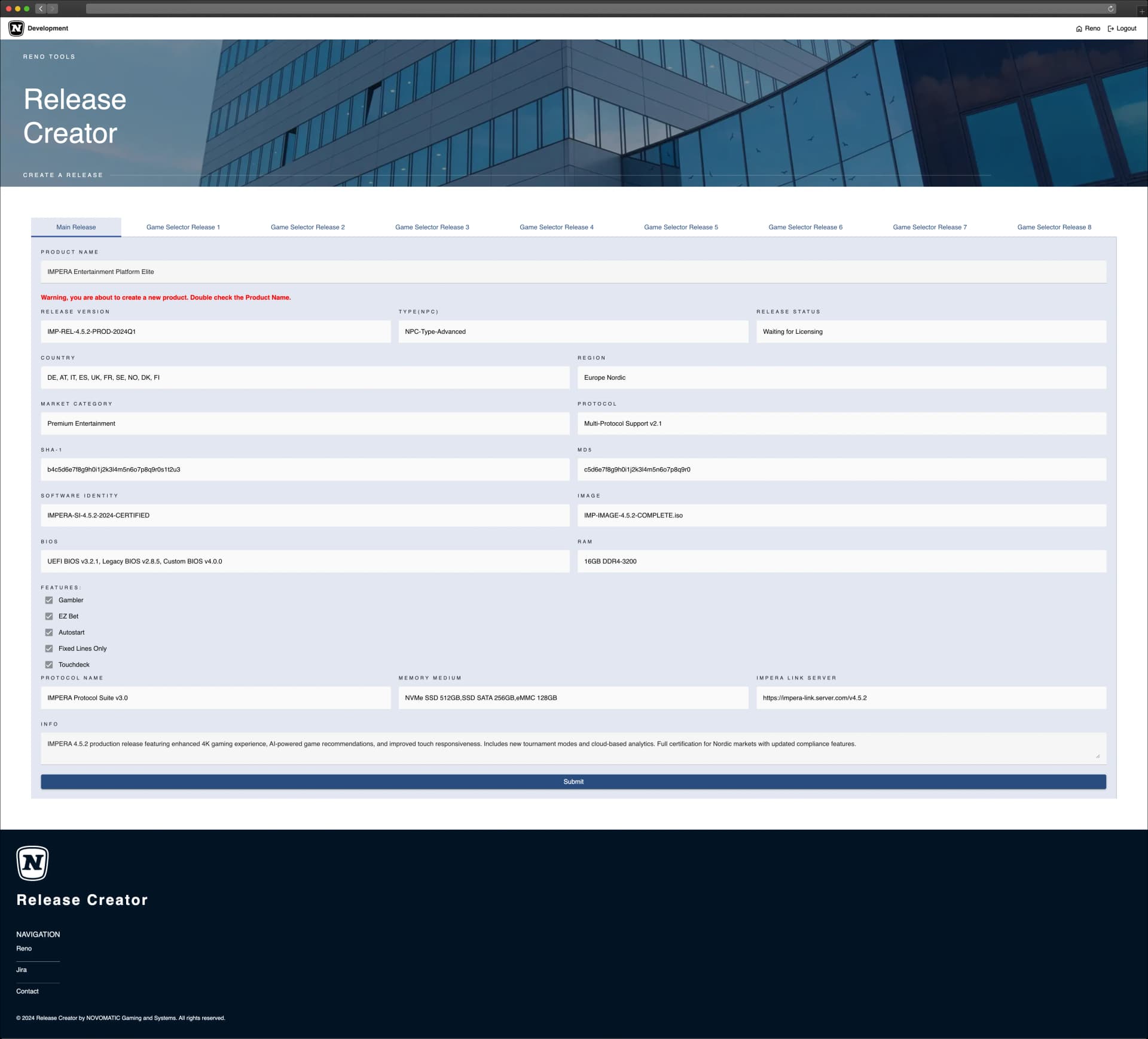 Main release form with all product specifications populated