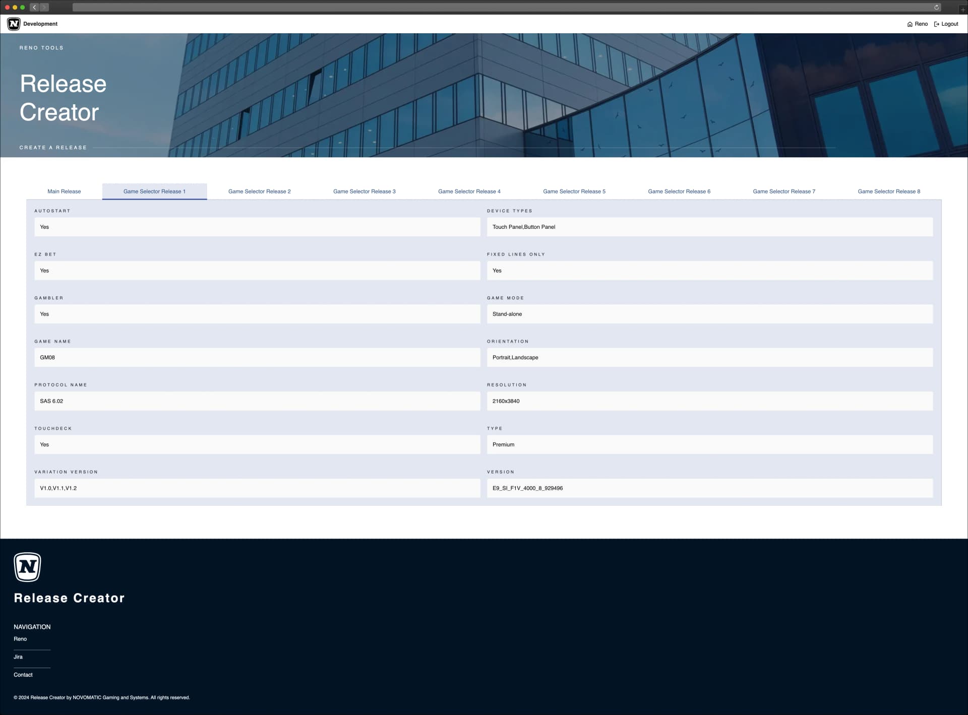 Game selector tab with detailed game configuration