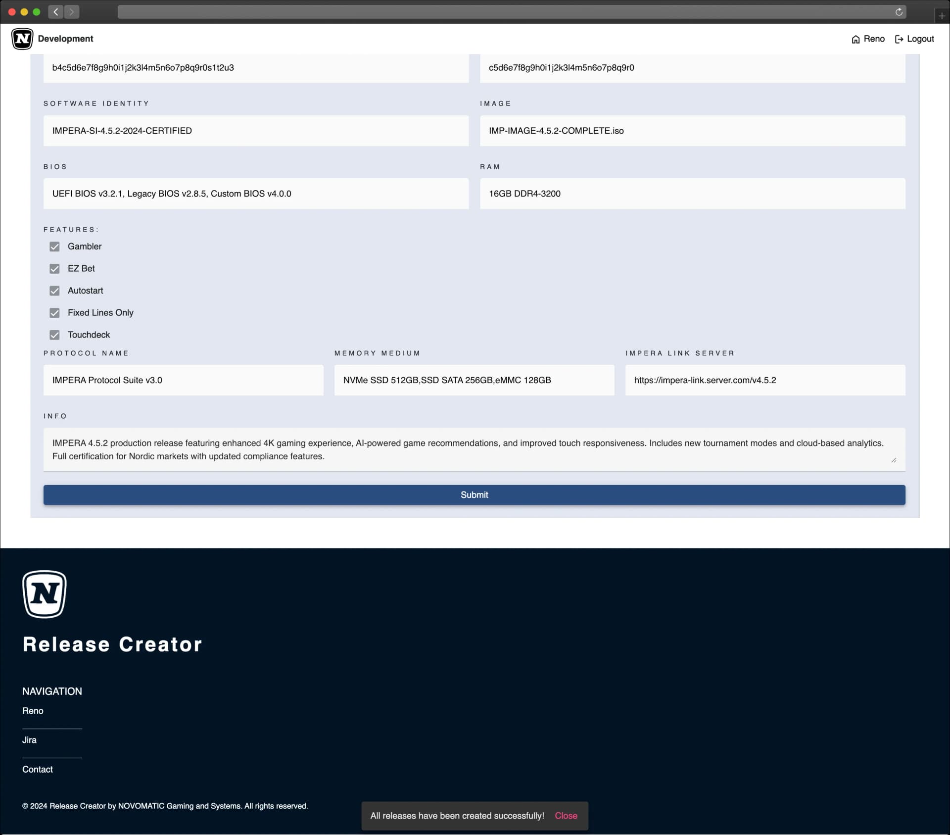 Successful release creation with confirmation toast