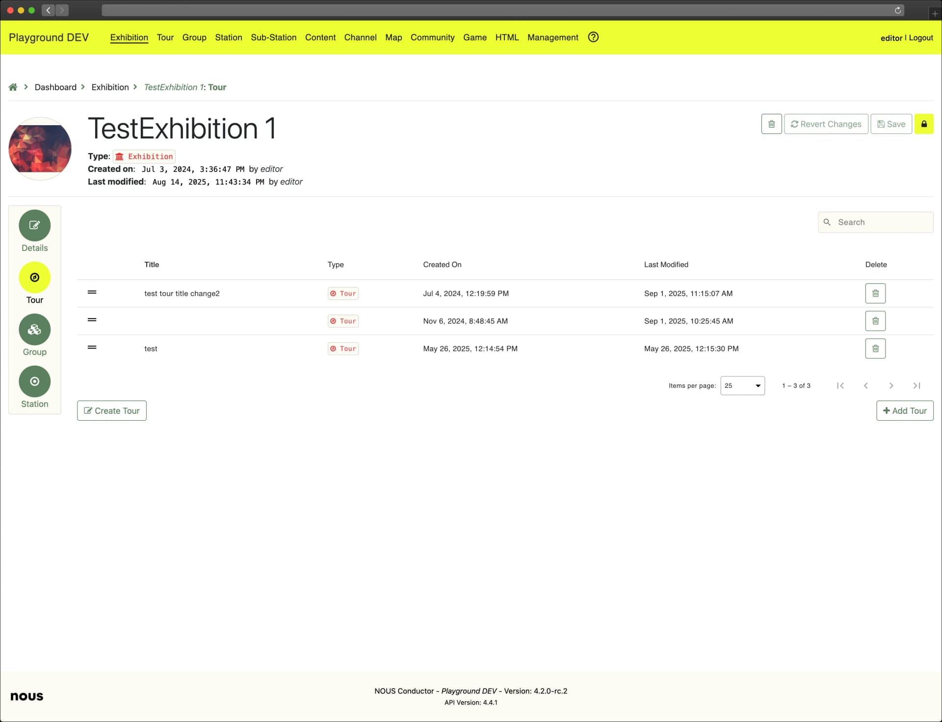 Exhibition and tour management interface
