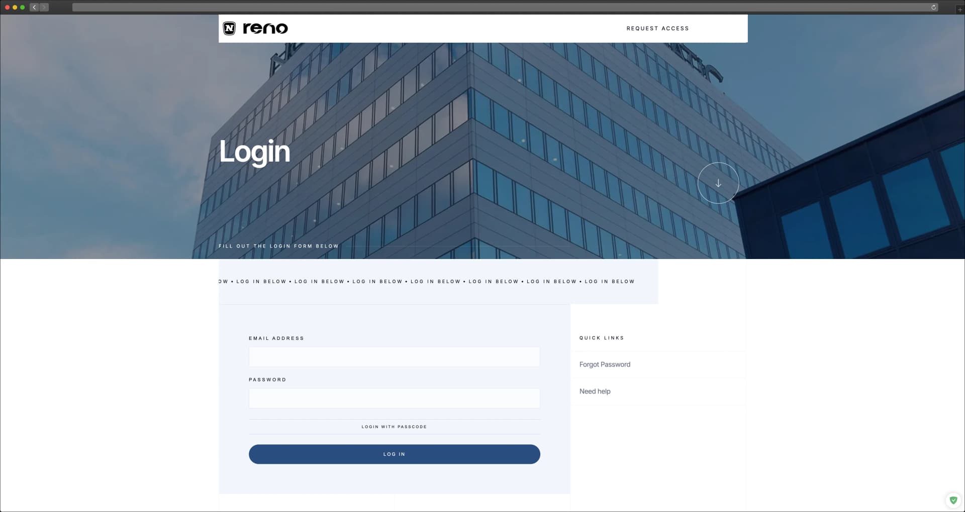 RENO login page — redesigned
