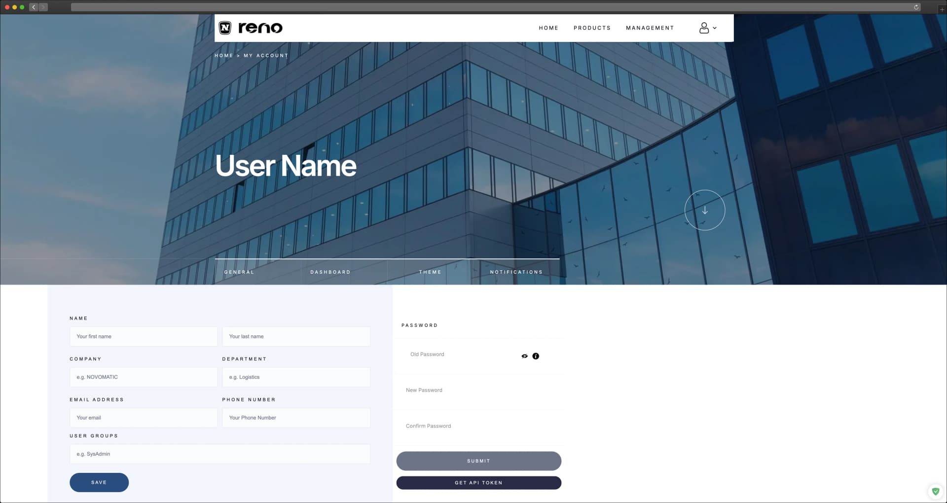RENO user profile — redesigned