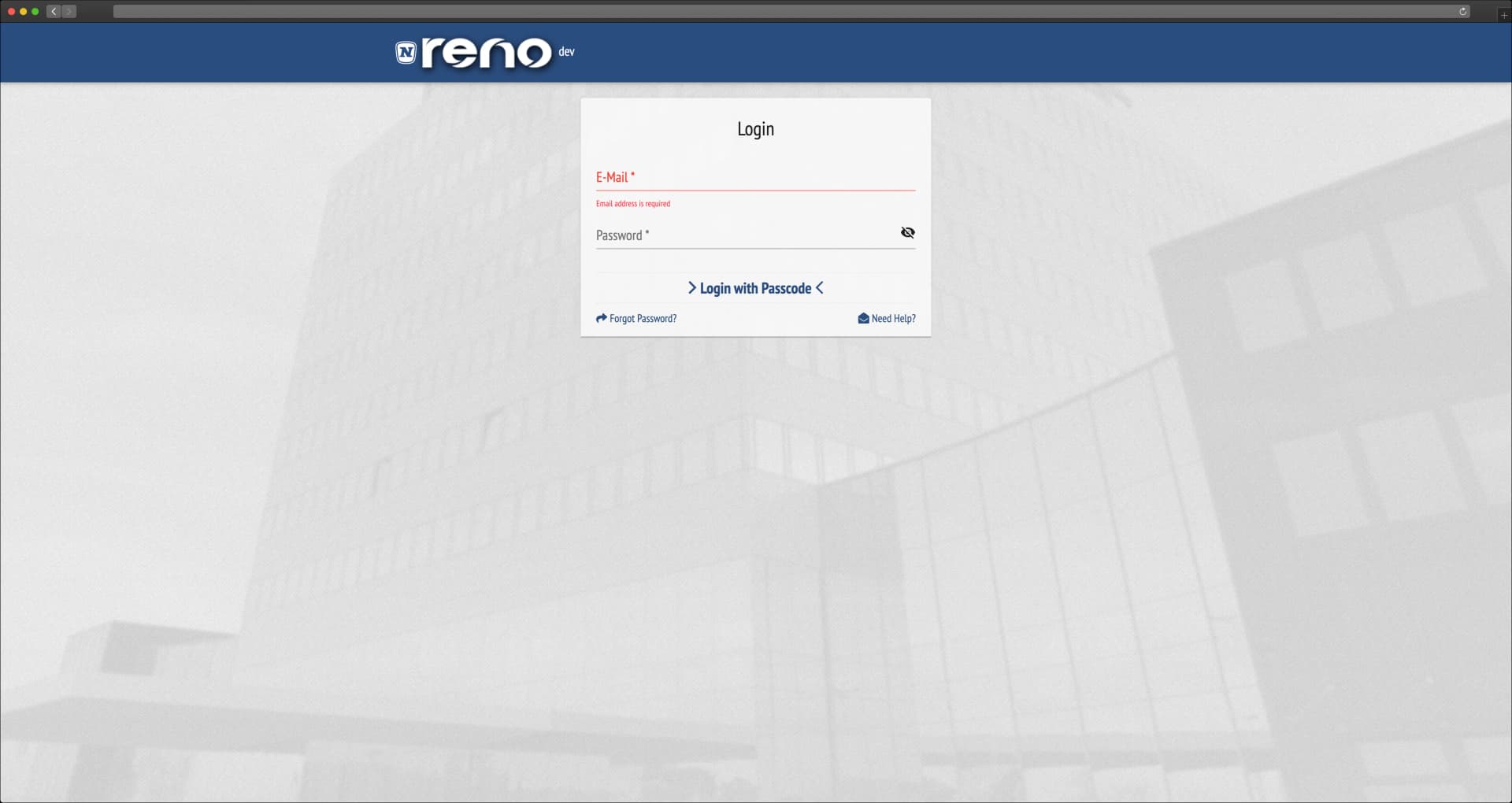RENO login page — original design