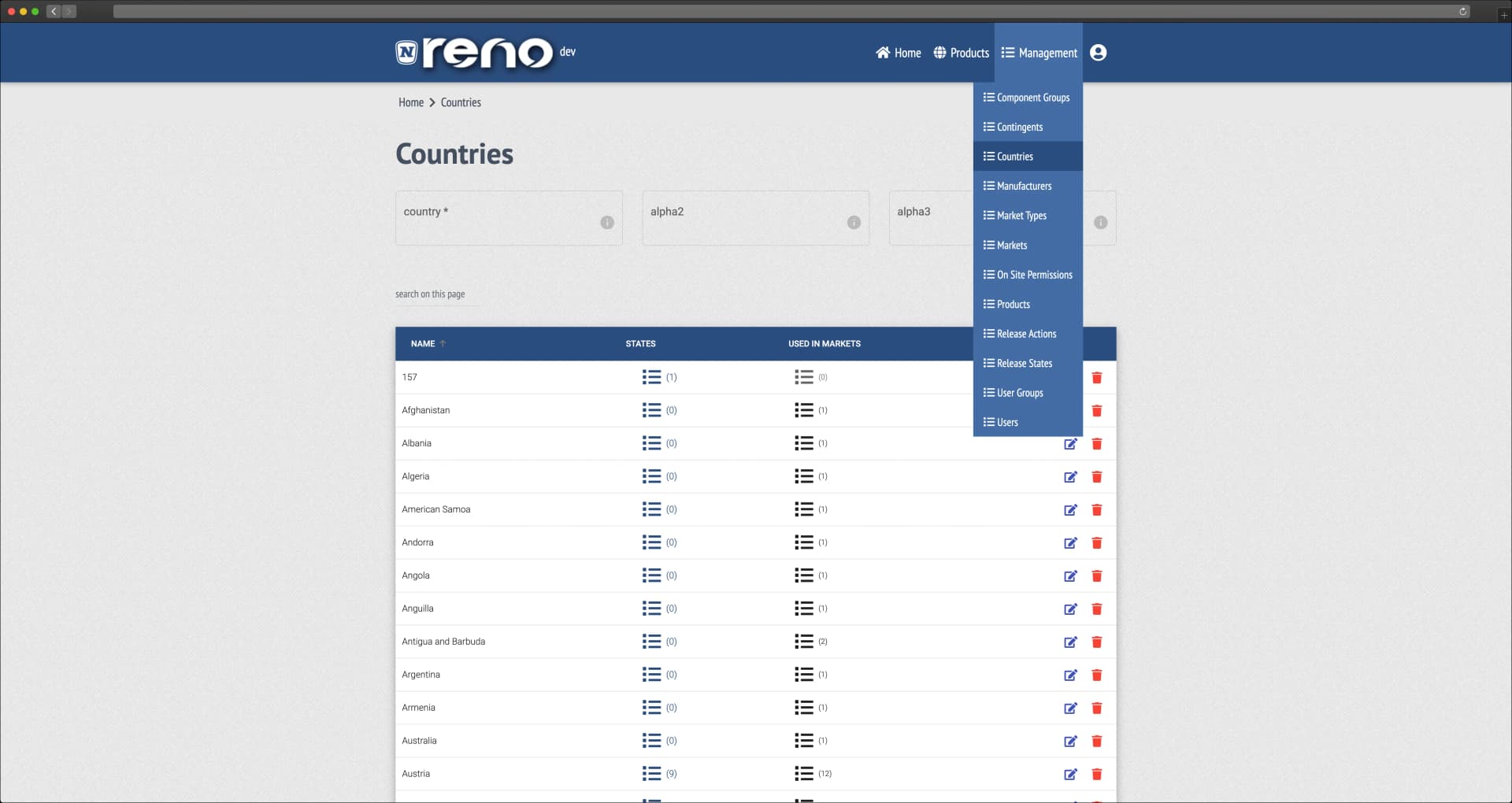 RENO management dropdown — original design