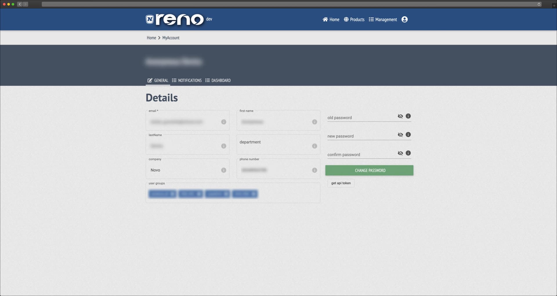 RENO user profile — original design